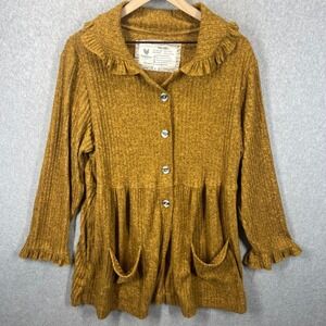 Farmhouse Frocks Cardigan Womens L Mustard Yellow Ruffle Ribbed Knit Button EUC